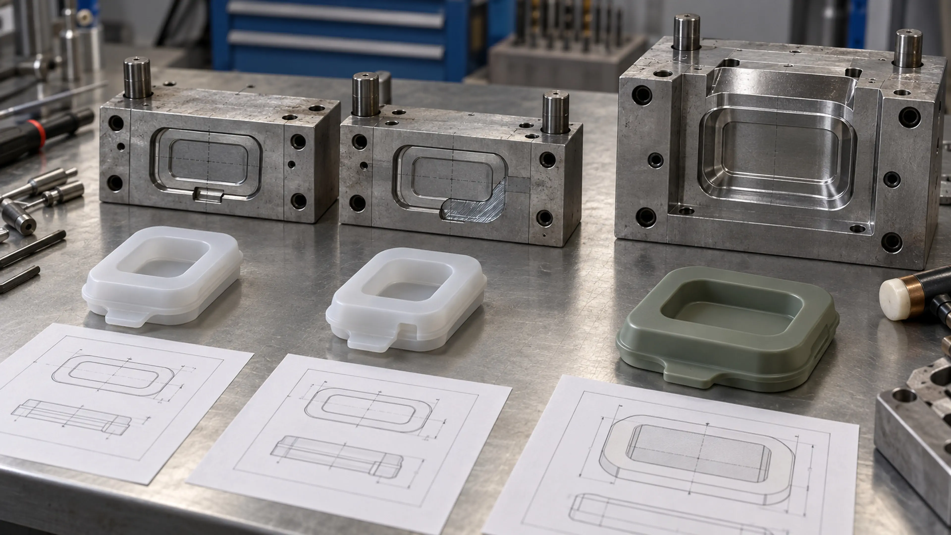 Mould plates, revised drawings and moulded silicone trays on a workbench