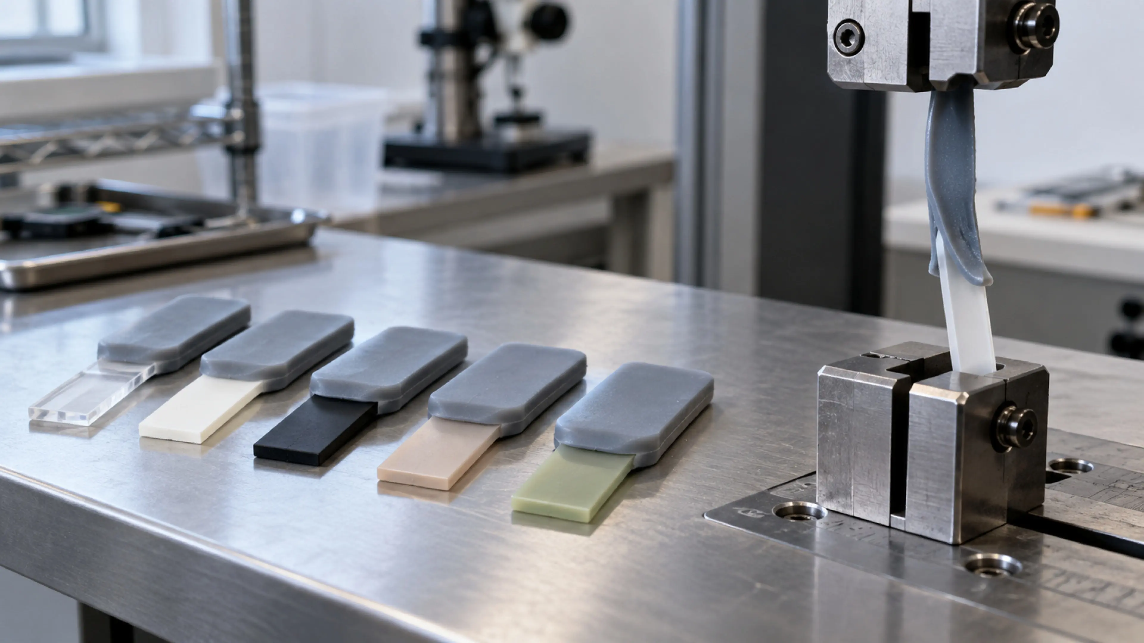 Overmolded test samples in an environmental ageing chamber beside an aged part on a tray