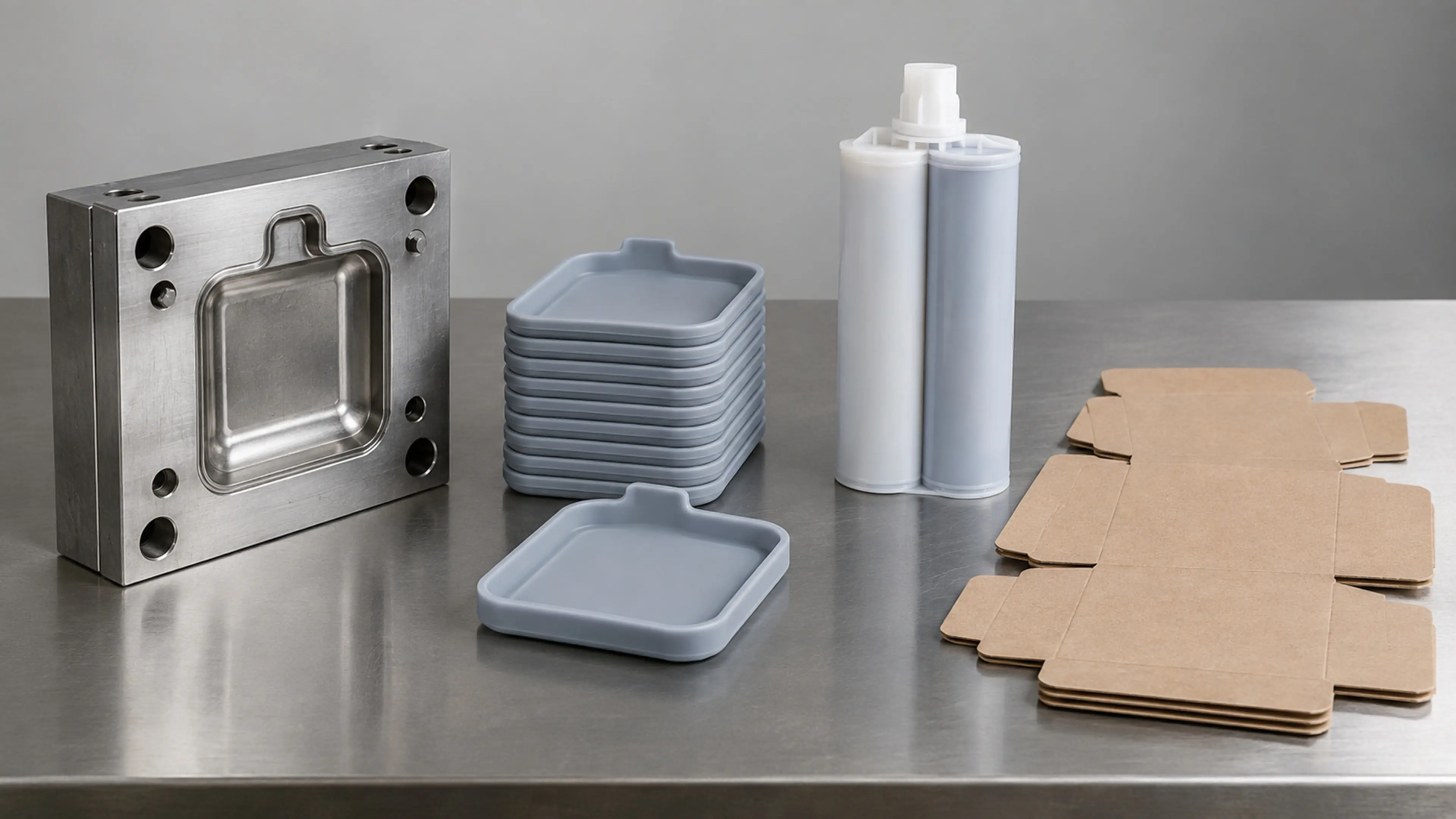 Two supplier silicone sample sets compared against a master drawing on a bench