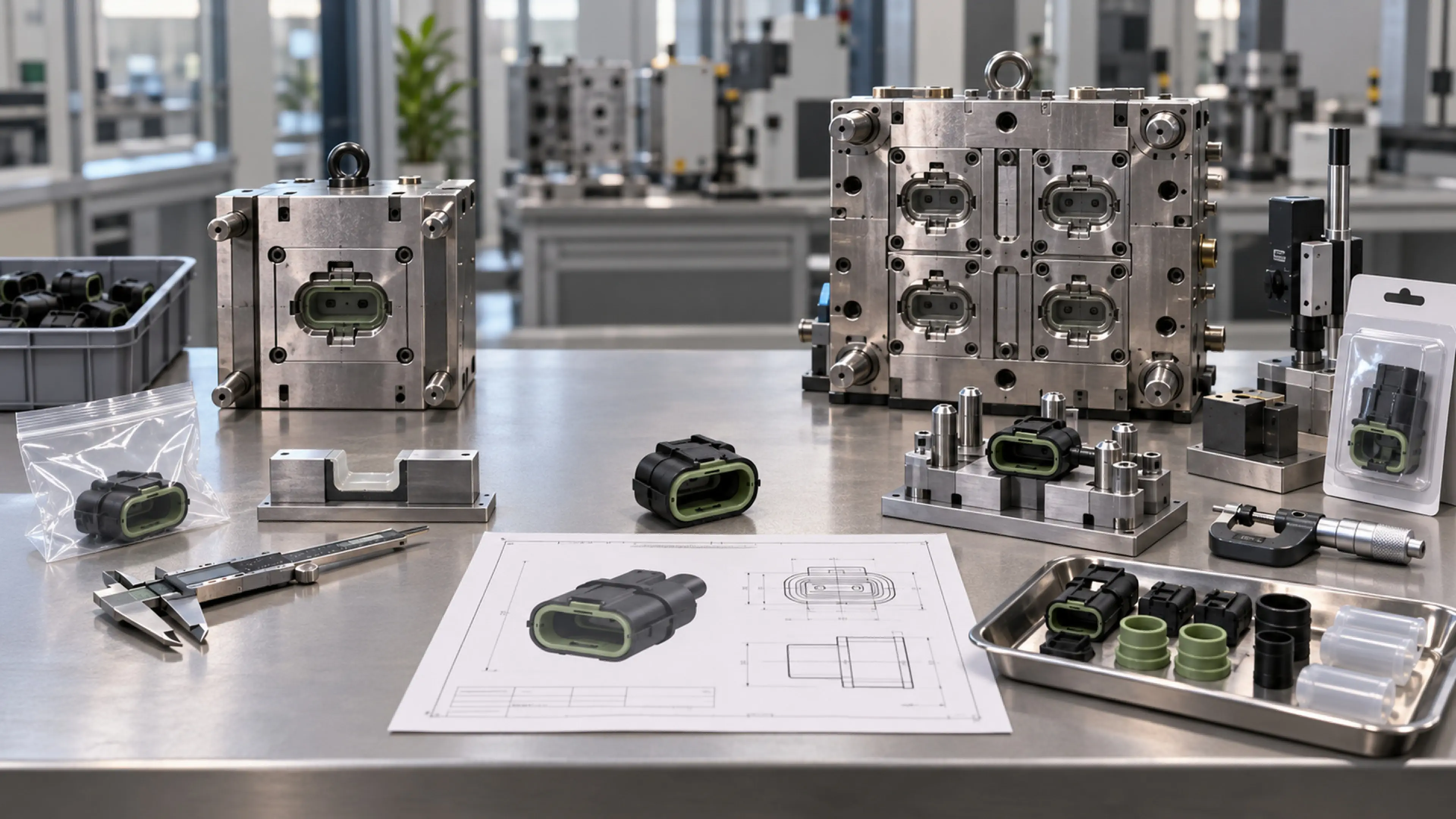 The same part moulded in different materials and colours beside its open steel mould