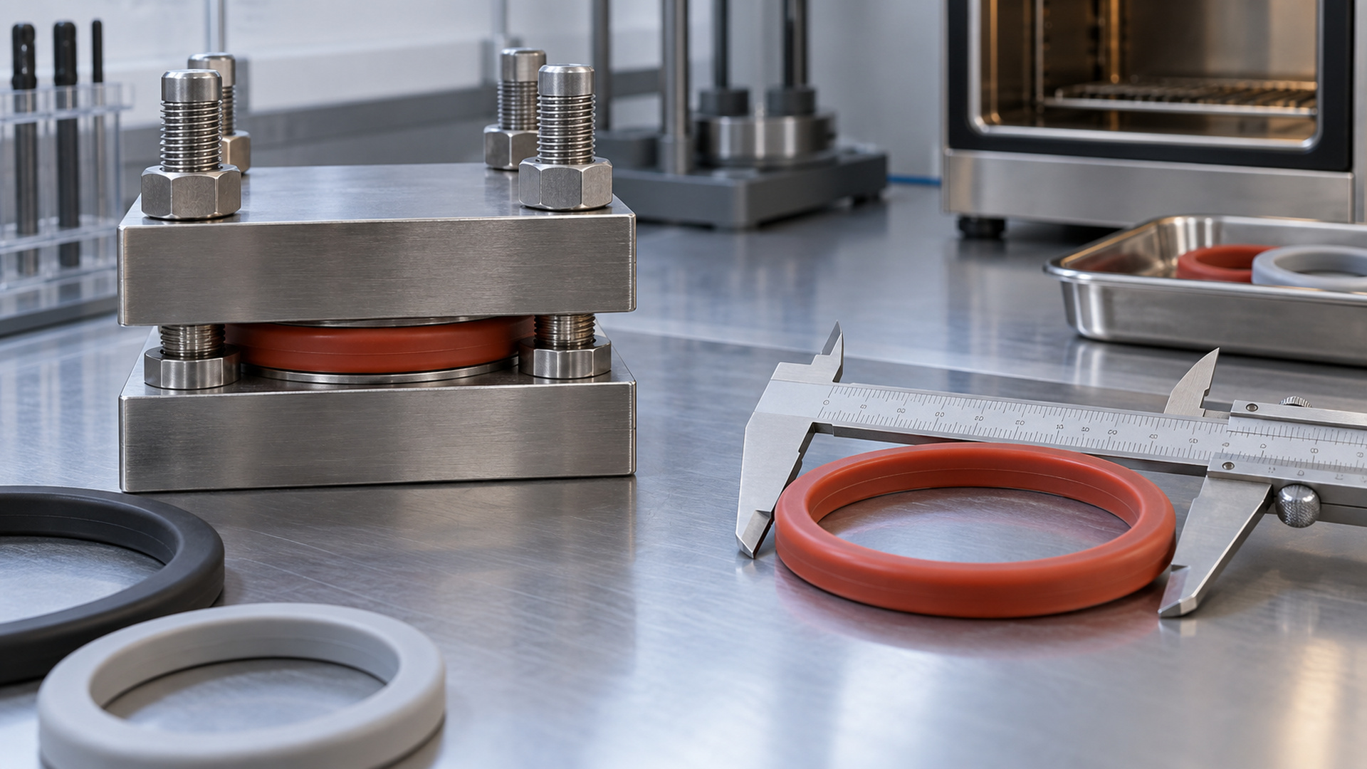 Compression set fixture with a compressed red seal and a caliper-measured O-ring
