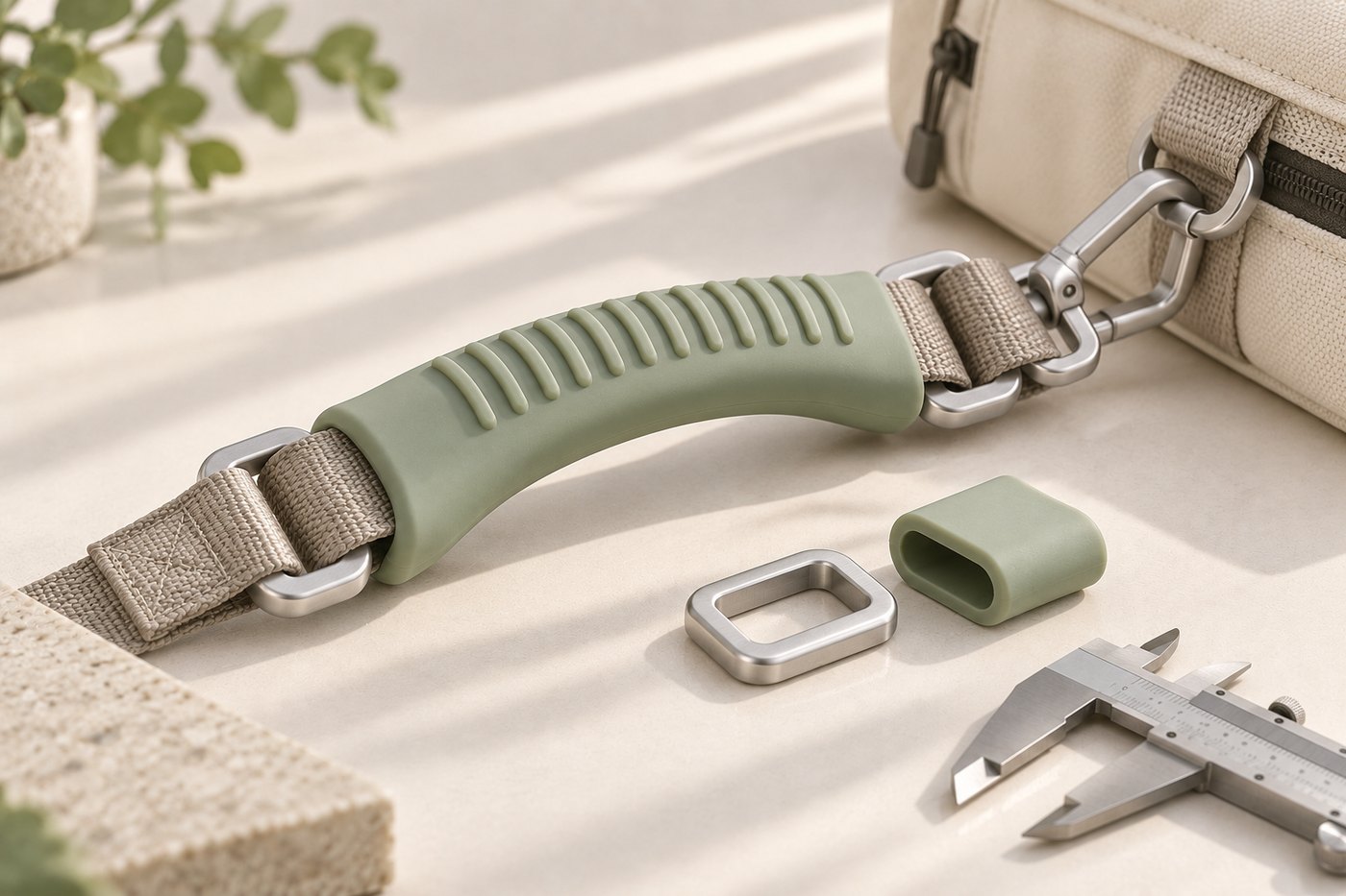 Silicone and webbing carry handle with hardware